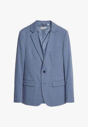 Blazer de hombre azul claro de un solo botón con solapas de muesca y bolsillos con solapa, talla grande, etiquetado Antony Morato.