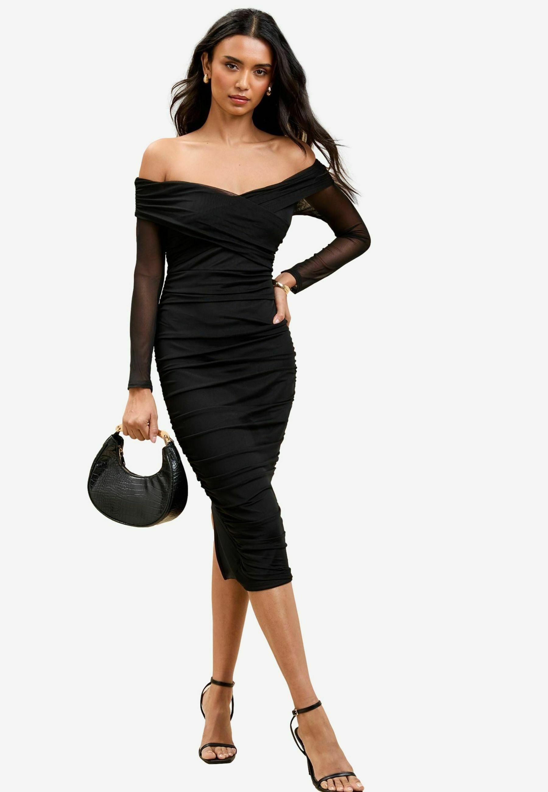 sachin and babi light blue dress Lipsy BARDOT LONG SLEEVE RUCHED MIDI - Cocktail dress / Party dress - black