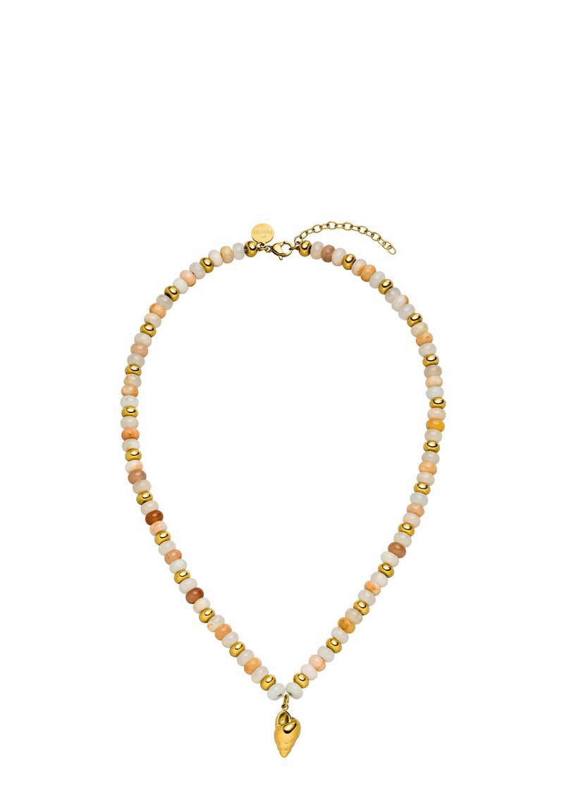 Perlenkette mit Pfirsich-, Beige- und Cremesteinen sowie goldenen Metallakzenten und einem goldenen charm in Herzform. Verstellbarer Kettenverschluss.