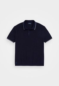 Námořnická polo košile vyrobená z texturované tkaniny, s klasickým límcem, zapínáním na dva knoflíky a bílými akcenty na límci a rukávech.