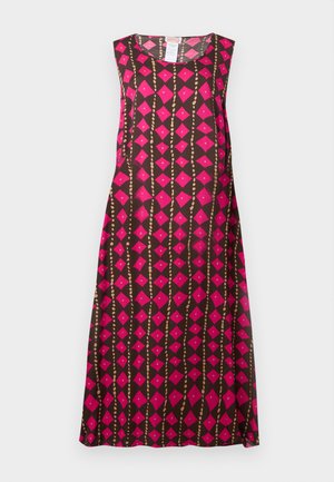 Mouwloze A-lijn jurk met bruine, roze diamant- en beige verticale kralenpatronen en een ronde halslijn.