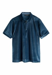 Kurzärmliges Poloshirt in Dunkelblau mit einer strukturierten, gemusterten Oberfläche und einem Teil-Reißverschluss am Kragen; leichtes Material.