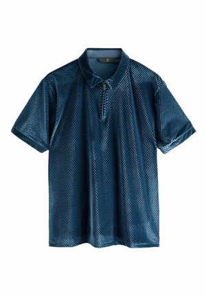 Kurzärmliges Poloshirt in Dunkelblau mit einer strukturierten, gemusterten Oberfläche und einem Teil-Reißverschluss am Kragen; leichtes Material.