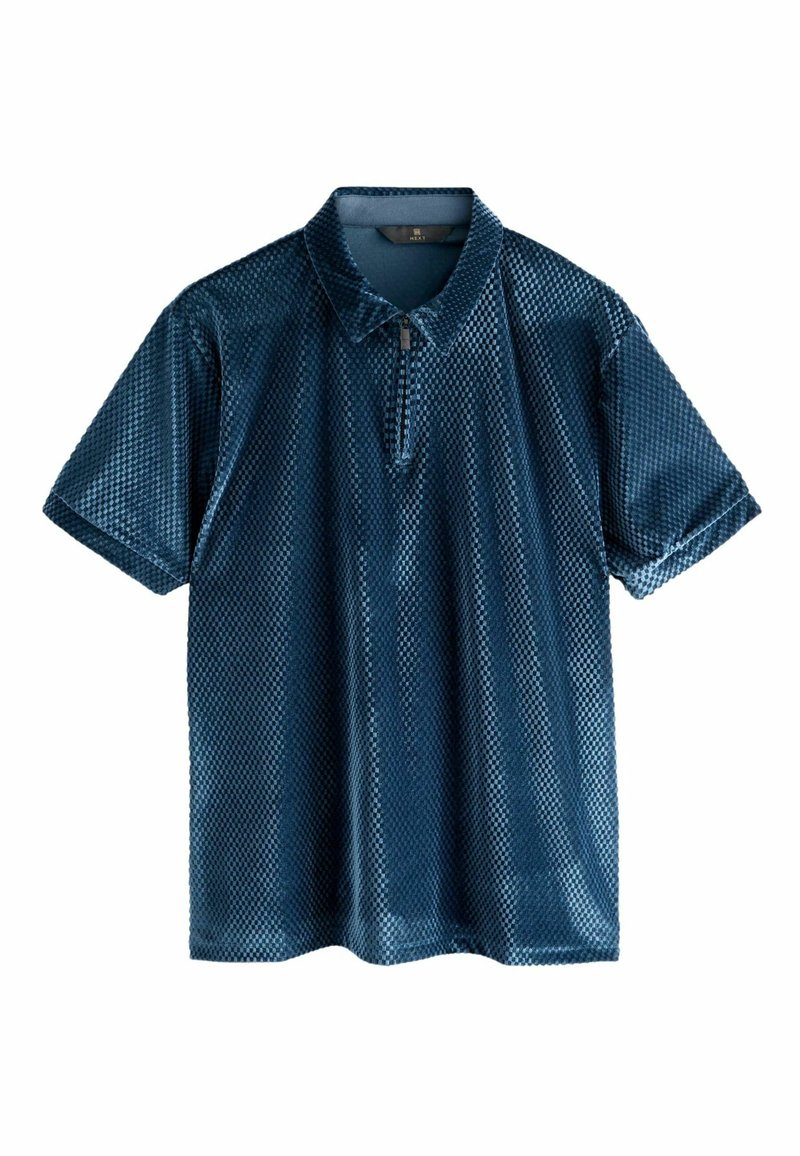 Kurzärmliges Poloshirt in Dunkelblau mit einer strukturierten, gemusterten Oberfläche und einem Teil-Reißverschluss am Kragen; leichtes Material.