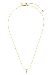 Goldene Halskette mit feiner Kette und einem kleinen, dekorativen Anhänger mit einem zentralen Stein. Enthält einen Verschluss und eine Verlängerungskette.