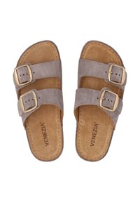 Gray suede slide sandals feature two wide straps with gold buckles, a cushioned brown insole, and a rounded toe without a back.