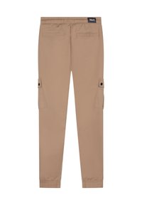 Helle braune Cargo-Hosen mit elastischem Bund, zwei Seitentaschen und gerippten Bündchen. Hergestellt aus einem glatten, leichten Stoff.