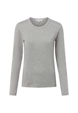 Graues Langarm-T-Shirt aus weichem Stoff, mit rundem Ausschnitt und normalem Schnitt ohne Muster oder Verzierungen.