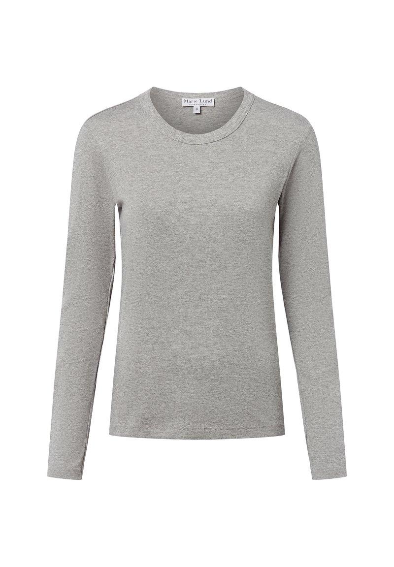 Szara longsleeve z miękkiej tkaniny, z okrągłym dekoltem i standardowym krojem, bez wzorów ani ozdób.