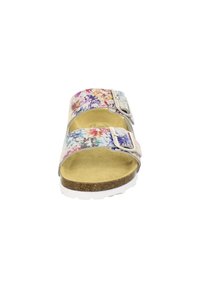 Two-buckle sandal with a multicolored floral pattern on synthetic straps, cork footbed, and white rubber sole.