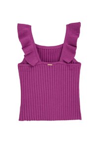 Fialový žebrovaný bezrukávový pletený top se širokými volánkovými ramínky a malou obdélníkovou kovovou značkou na výstřihu.