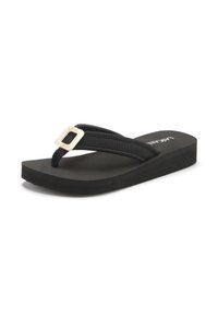 Black flip-flop sandal with textured rubber sole, featuring two fabric straps and a white square buckle accent. Flat, casual design.