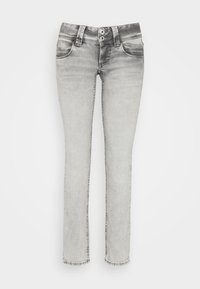 Světle šedé skinny džíny s vybledlým odstínem, dvojitými knoflíky, poutky na opasek a předními i zadními kapsami, položené na bílém pozadí.