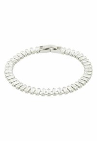 Bracciale argentato con gemme chiare rettangolari e ovali alternate in un design a catena, dotato di chiusura sicura.