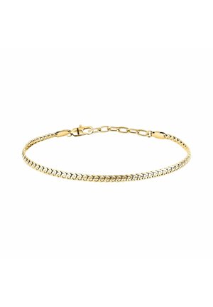 Delicato bracciale a catena d’oro con maglie incrociate e chiusura a moschettone su sfondo bianco.