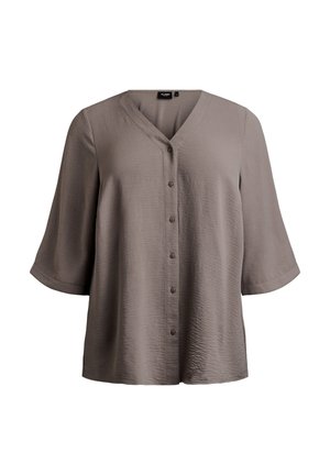 Beżowa teksturowana bluzka z dekoltem w serek, zapinana na guziki z przodu, z szerokimi rękawami do łokcia.