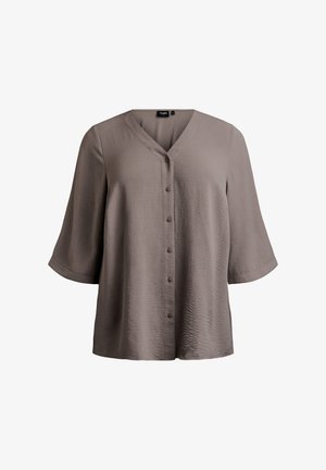 Taupe textured blouse with V-neck, button-down front, and elbow-length wide sleeves.