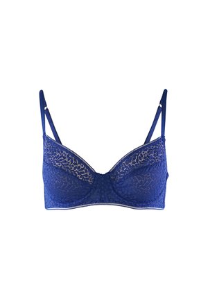 Reggiseno in pizzo blu con spalline regolabili e supporto con ferretto, caratterizzato da un motivo floreale sulle coppe.
