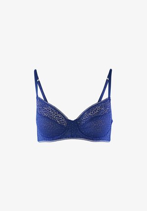 Reggiseno in pizzo blu con spalline regolabili e supporto con ferretto, caratterizzato da un motivo floreale sulle coppe.
