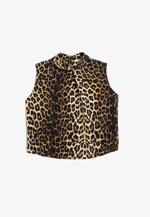 Top sans manches en imprimé léopard, présentant un col haut et un détail à nouer au niveau du cou, fabriqué en tissu lisse avec une finition brillante.