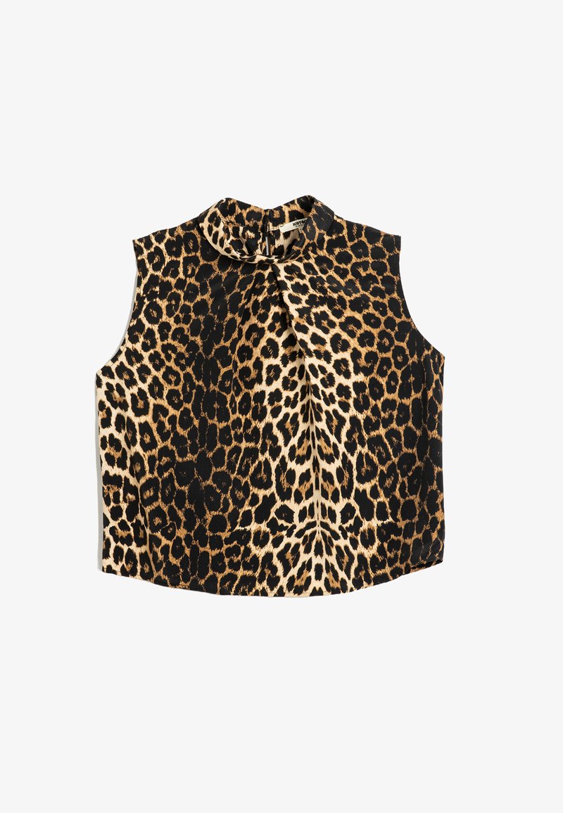 Ärmelloses Oberteil mit Leopardenmuster, das einen hohen Kragen und eine Schleifenverzierung am Hals aufweist, aus glattem Stoff mit glänzender Oberfläche.