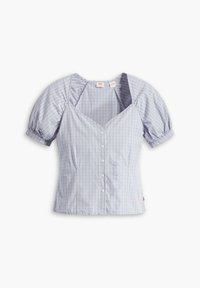 Blusa a maniche corte a scacchi blu chiaro e bianco con scollo a V, maniche a sbuffo, chiusura con bottoni e dettagli arricciati lungo il colletto.