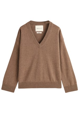 Brązowy sweter z długim rękawem i dekoltem w serek, z prążkowanymi mankietami i dołem, wykonany z miękkiego materiału, z metką "GANT" wewnątrz kołnierzyka.