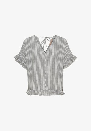 Grå og hvid stribet bluse med V-hals, let pufærmer og båndlukning på ryggen. Fremstillet af letvægtsstof.