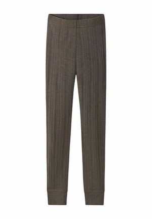 Brune ribstrikkede leggings med tætsiddende design, elastisk linning og smalle ankelløb. Fremstillet af tekstureret materiale for komfort.
