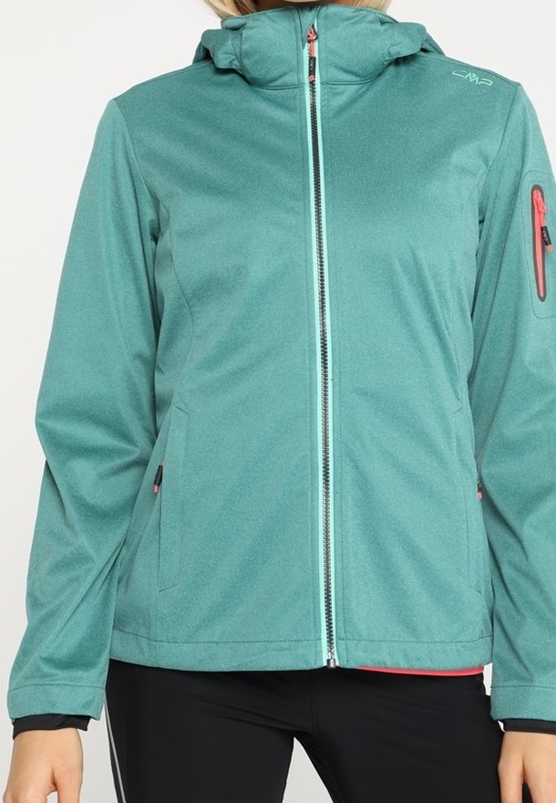 Teal waterdichte jas met capuchon, voorzien van een rits aan de voorkant, zijzakken en een contrasterende rits in lichtblauw. Zachte textuur.