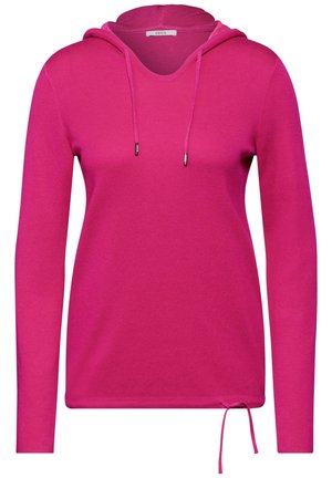 Virkistävän pinkki pitkähihaisen huppari, jossa on nyörit kauluksessa ja helmassa, pyöreä pääntie ja "CECIL"-merkintä kauluksen sisäpuolella.