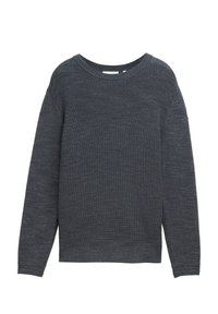 Tamsiai pilkas ilgomis rankovėmis megztinis su tekstūruotu mezginiu, apvalia iškirpte, su ribinėmis rankogaliais ir apačia. Paprastas, universalus stilius.