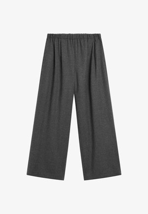Wide-leg trousers in dark gray fabric with an elastic waistband, featuring a textured finish and no visible patterns or pockets.