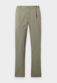 Pantaloni khaki in cotone, con frontale piatto, vita elastica e gambe diritte. Texture liscia senza motivi o dettagli visibili.