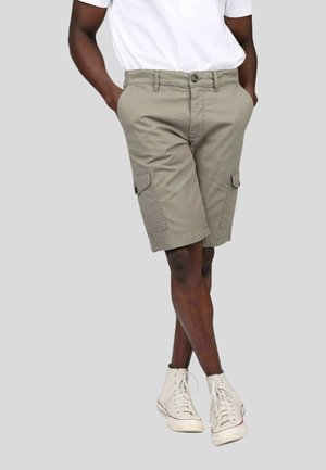 Shorts cargo beiges avec poches latérales, fermeture à bouton et passants de ceinture, fabriqués en tissu en coton durable. Portés avec des baskets blanches montantes.