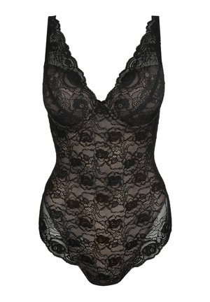 Black lace bodysuit featuring floral patterns, plunging neckline, and scalloped edges. Soft texture with adjustable straps and sheer detailing.