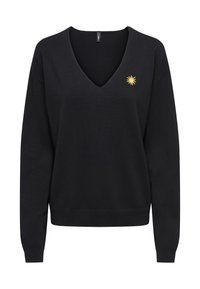 Pull-over noir à col en V et manches longues, orné d'un petit emblème de soleil jaune sur le côté gauche de la poitrine, avec des poignets et un ourlet côtelés.