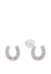 Pendientes en tono plateado con forma de herradura, adornados con cristales rosa y morados dispuestos uniformemente a lo largo de los bordes.
