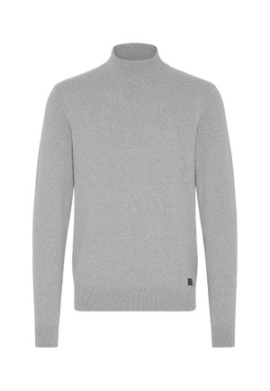 Gray turtleneck sweater made from a soft fabric, featuring long sleeves and ribbed cuffs, with a small logo tag at the hem.