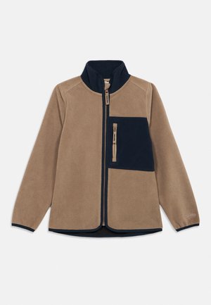 Giacca in pile beige con collo nero, zip nera e tasca sul petto, maniche lunghe e orlo dritto.