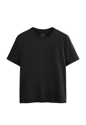 T-shirt nera a maniche corte con collo a giro, appoggiata piatta su uno sfondo bianco.