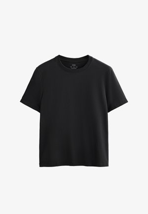 Plain black short-sleeve crewneck t-shirt, displayed flat against a white background.