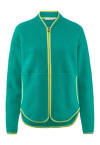 Giacca in pile verde con colletto alto, zip frontale completa e rifiniture e dettagli in verde chiaro a contrasto, dotata di tasche laterali.