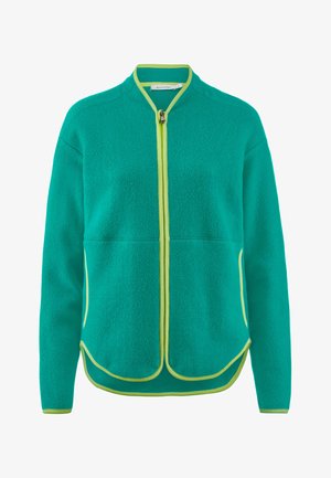 Groene fleecejas met een hoge kraag, volledige ritssluiting aan de voorkant, en contrasterende lichtgroene details en accenten, voorzien van zijzakken.