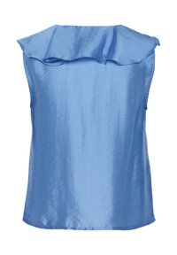 Haut sans manches bleu en tissu lisse et brillant. Présente un col volanté et un ourlet droit, avec un dos uni et sans fermetures visibles.