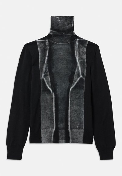 Black long-sleeve turtleneck sweater with a glossy, abstract silver-gray vertical pattern on the front and ribbed cuffs and hem.