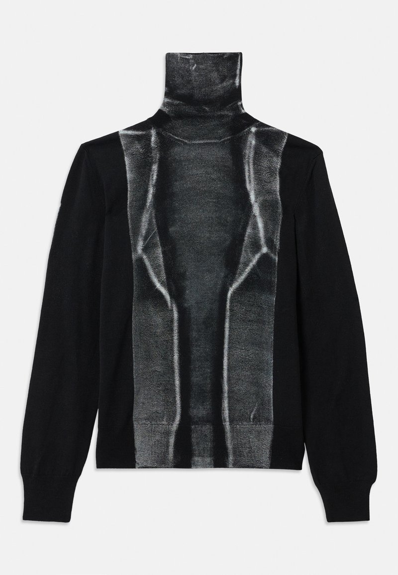 Maglione nero a maniche lunghe con collo a imbuto, caratterizzato da un motivo astratto verticale grigio argento lucido sul davanti, con polsini e orlo a coste.