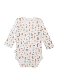 Langärmliger Babybody aus weichem Stoff, mit einem weißen Hintergrund und einem wiederkehrenden Muster von Bären und Dreiecken in Beige, Grau und Blau.