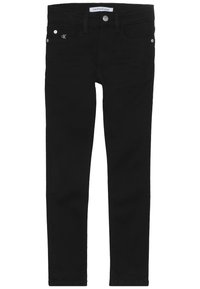 Vaqueros negros de algodón elástico. Ajuste skinny con un diseño de cinco bolsillos, cierre de botón metálico y marca en la cinturilla.