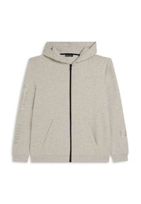 Felpa con cappuccio grigio chiaro, con zip nera, due tasche frontali e testo stampato sulla manica sinistra. Realizzata in tessuto morbido.